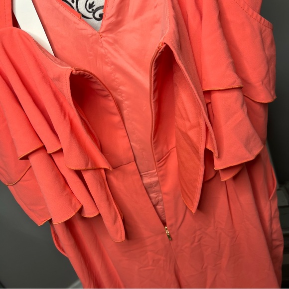 Trina Turk Cold Shoulder Ruffle Trouser Josephine Coral Jumpsuit Size 12 NWT - Picture 13 of 16